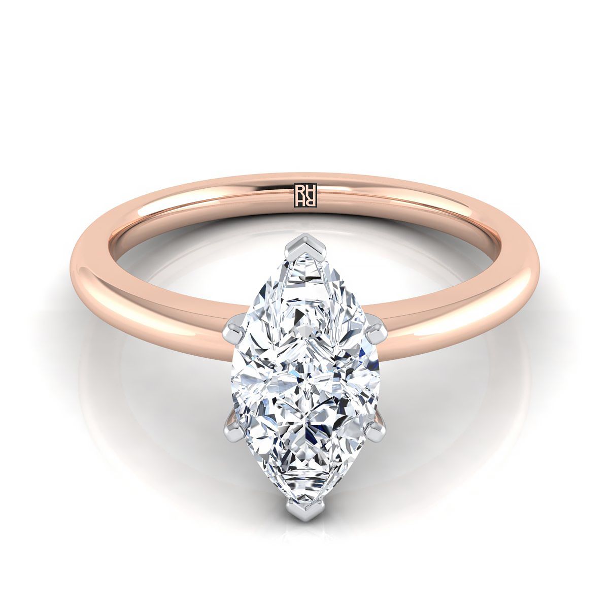 แหวนหมั้นเพชร 14K Rose Gold Marquise Round Comfort Fit Claw Prong Solitaire