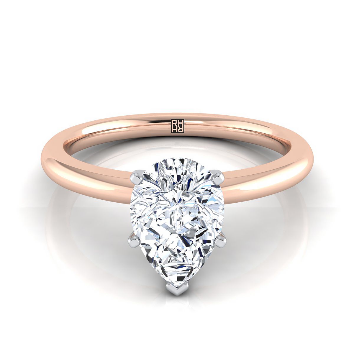 แหวนหมั้นเพชร 14K Rose Gold Pear Shape Center Round Comfort Fit Claw Prong Solitaire