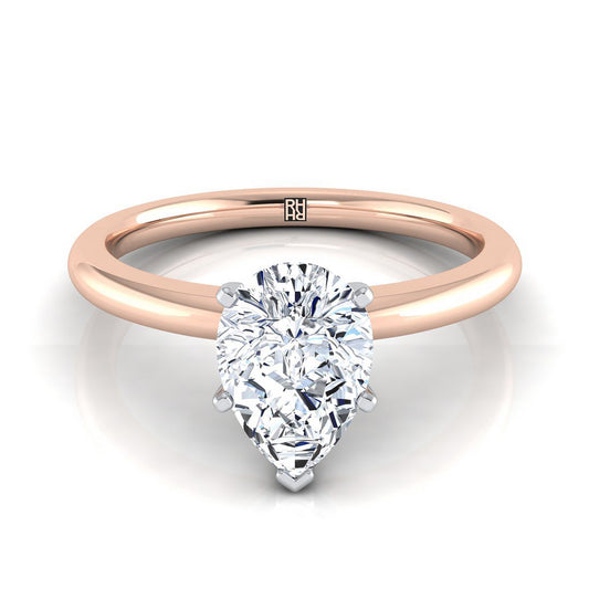 แหวนหมั้นเพชร 14K Rose Gold Pear Shape Center Round Comfort Fit Claw Prong Solitaire