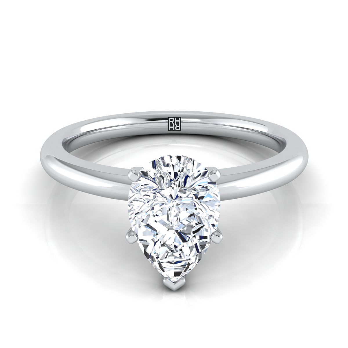 แหวนหมั้นเพชร 14K White Gold Pear Shape Center Round Comfort Fit Claw Prong Solitaire