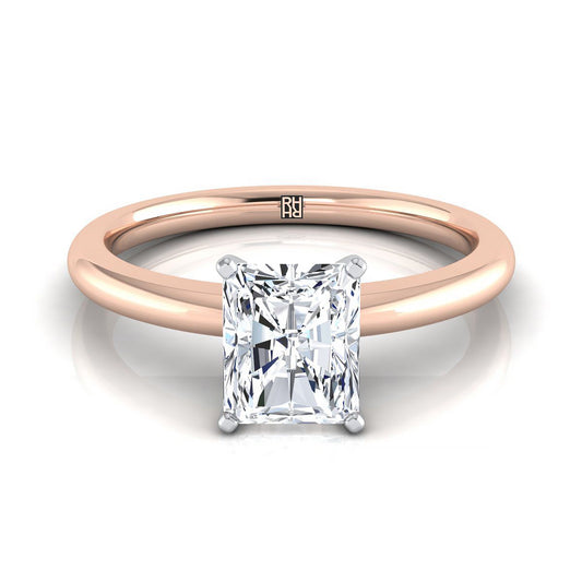 แหวนหมั้นเพชร 14K Rose Gold Radiant Cut Center Round Comfort Fit Claw Prong Solitaire