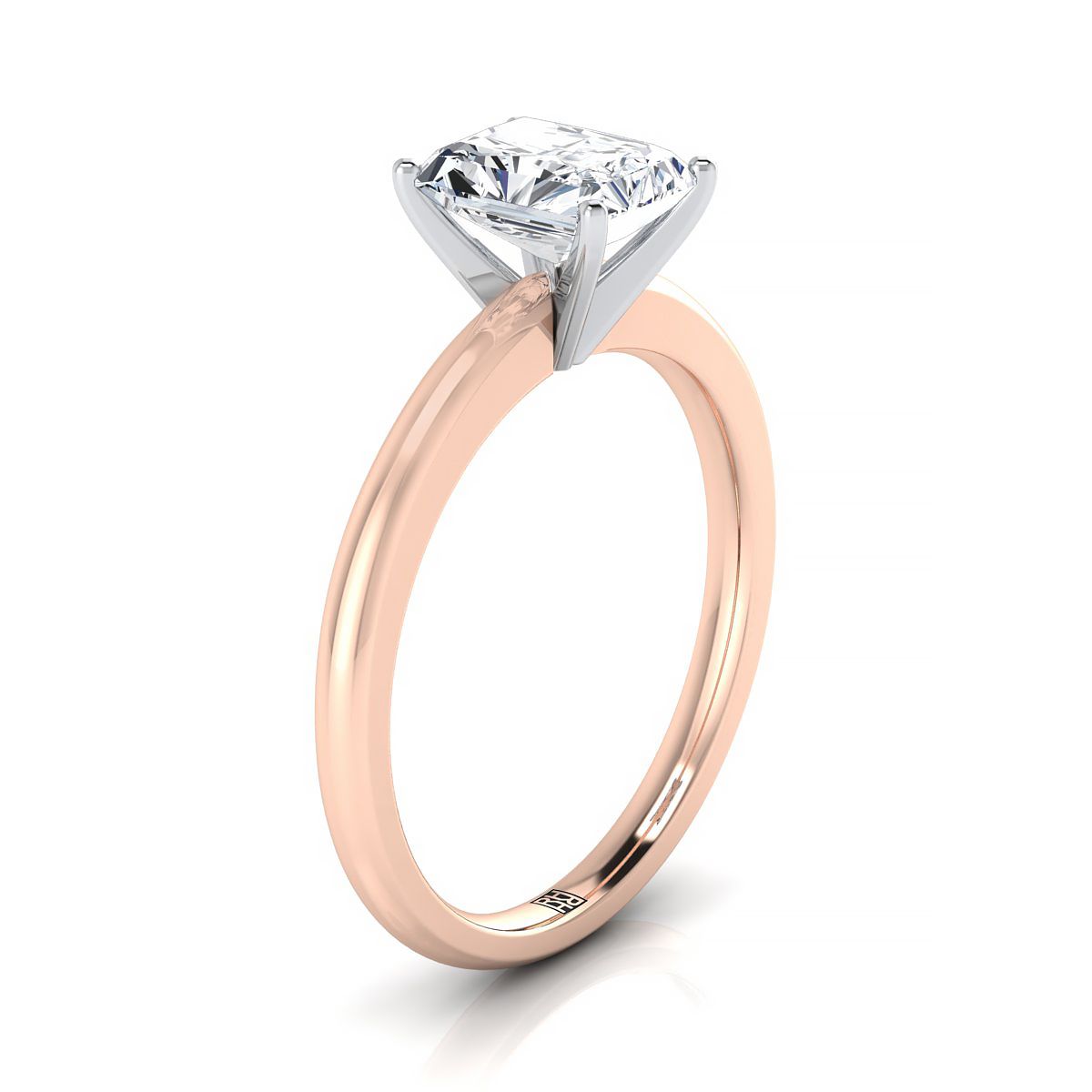 แหวนหมั้นเพชร 14K Rose Gold Radiant Cut Center Round Comfort Fit Claw Prong Solitaire