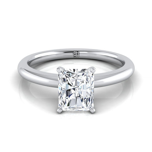 แหวนหมั้นเพชร 18K White Gold Radiant Cut Center Round Comfort Fit Claw Prong Solitaire