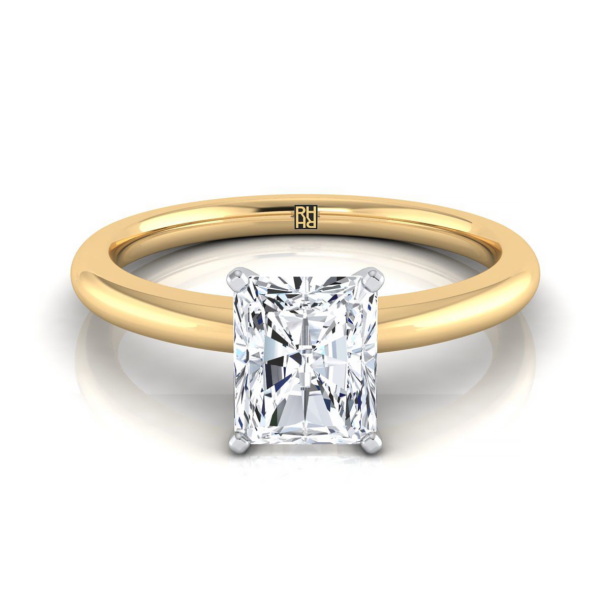 แหวนหมั้นเพชร 18K Yellow Gold Radiant Cut Center Round Comfort Fit Claw Prong Solitaire