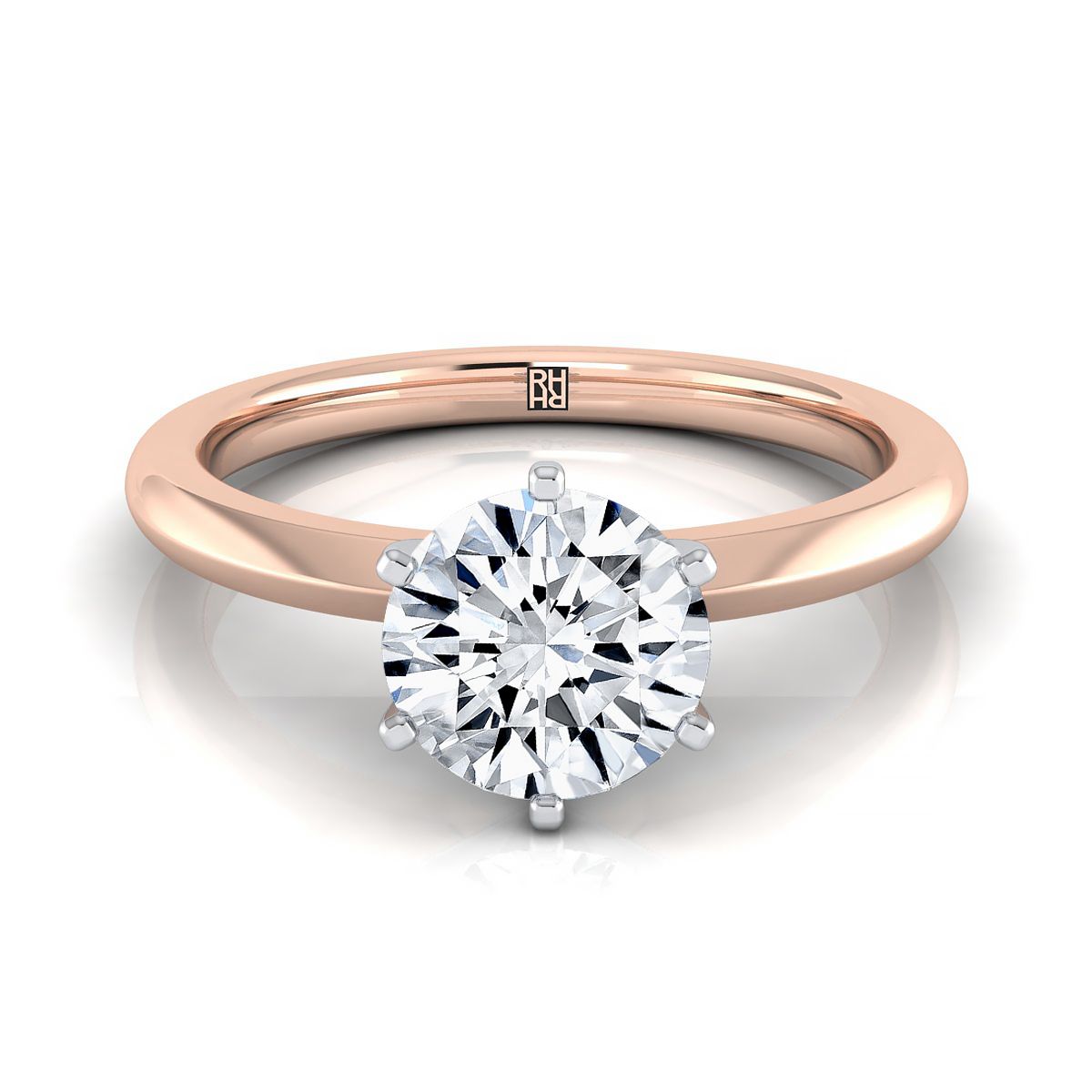 14K Rose Gold Round Brilliant Pinched Comfort Fit Claw Prong Solitaire แหวนหมั้น