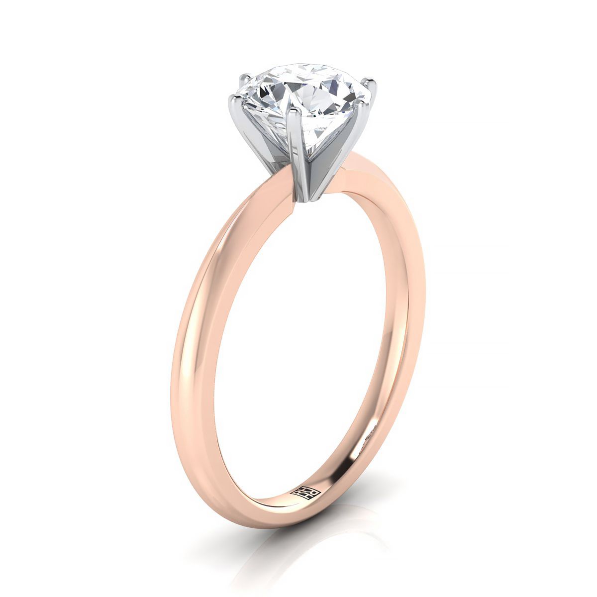 14K Rose Gold Round Brilliant Pinched Comfort Fit Claw Prong Solitaire แหวนหมั้น