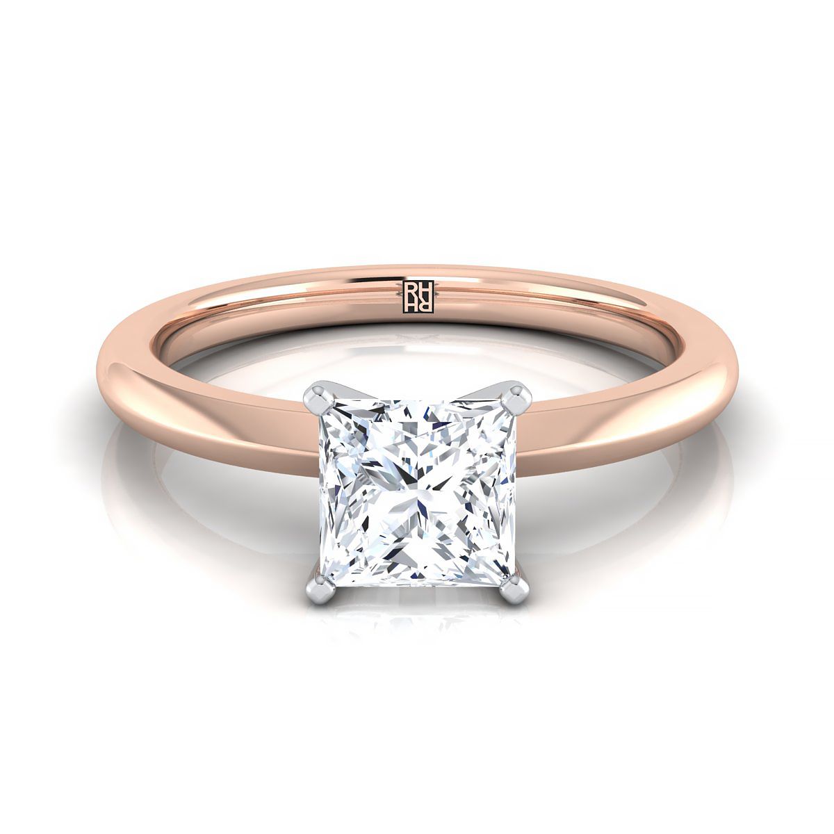 14K Rose Gold Princess Cut Petite Knife Edge Solitaire แหวนหมั้น