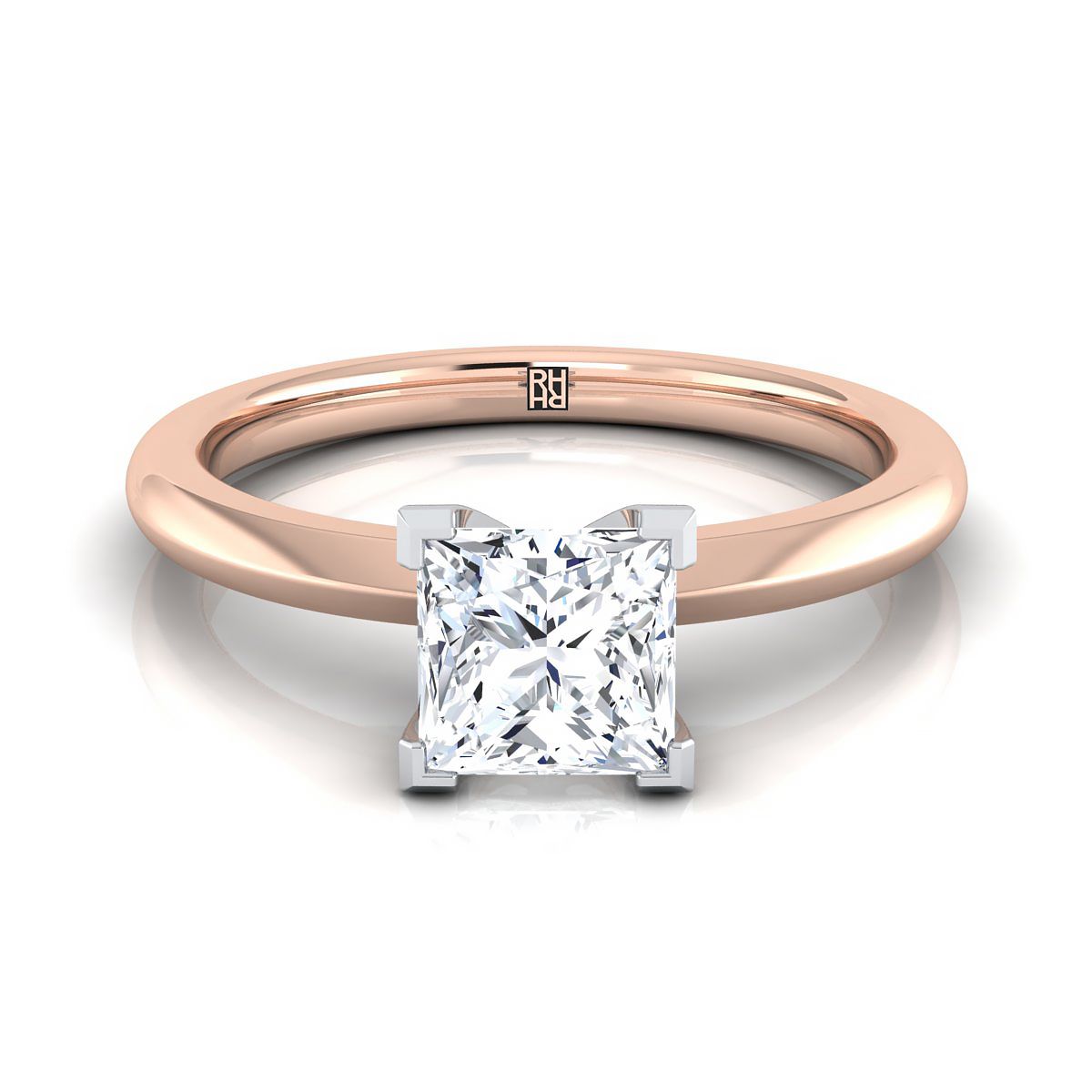 14K Rose Gold Princess Cut Petite Knife Edge Solitaire แหวนหมั้น