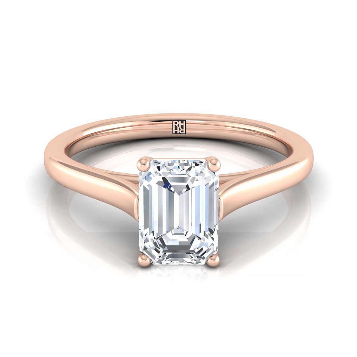 14K Rose Gold Emerald Cut Elegant Cathedral Solitaire แหวนหมั้น