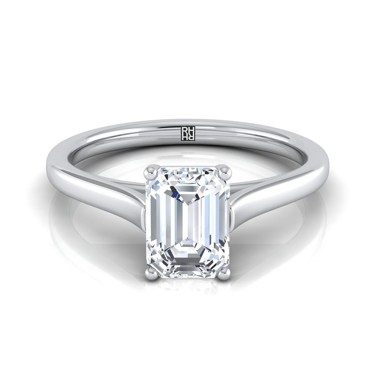 แหวนหมั้นเพชร 14K White Gold Emerald Cut Elegant Cathedral Solitaire