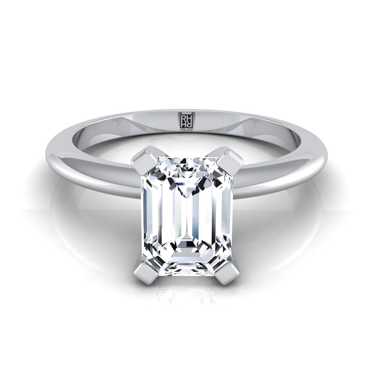 แหวนหมั้นเพชร 18K White Gold Emerald Cut Classic Low Base Solitaire