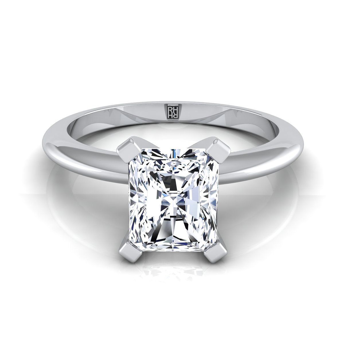 แหวนหมั้นเพชร 18K White Gold Radiant Cut Center Classic Low Base Solitaire