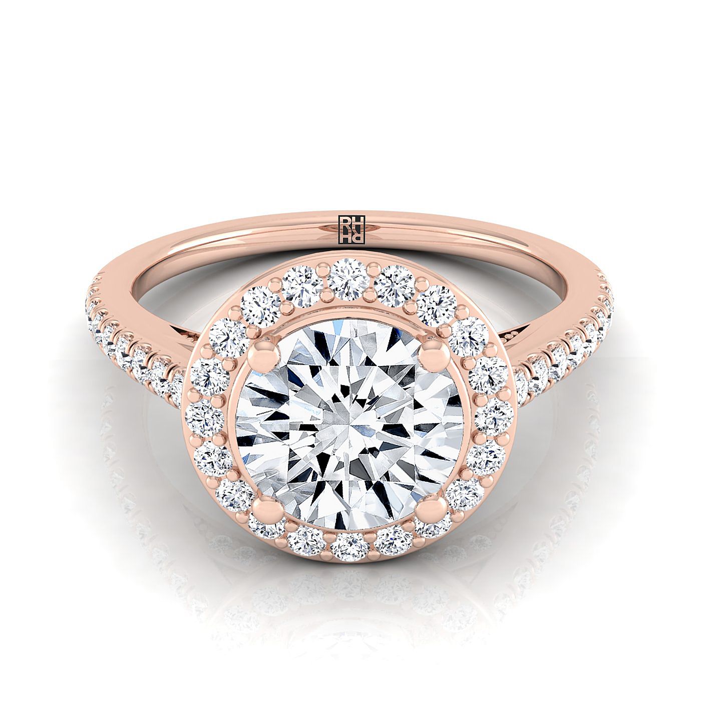 แหวนหมั้นเพชร 14K Rose Gold Round Brilliant Diamond French Pave Halo Secret Gallery -3/8ctw