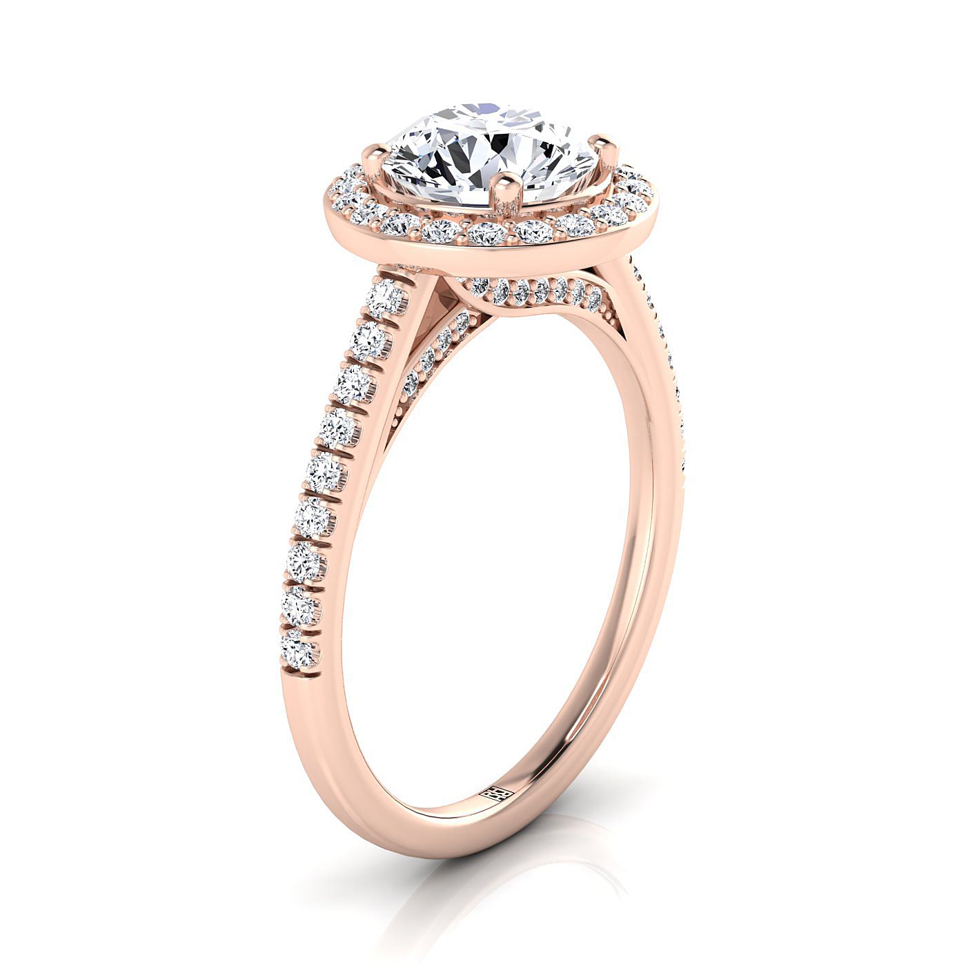 แหวนหมั้นเพชร 14K Rose Gold Round Brilliant Diamond French Pave Halo Secret Gallery -3/8ctw