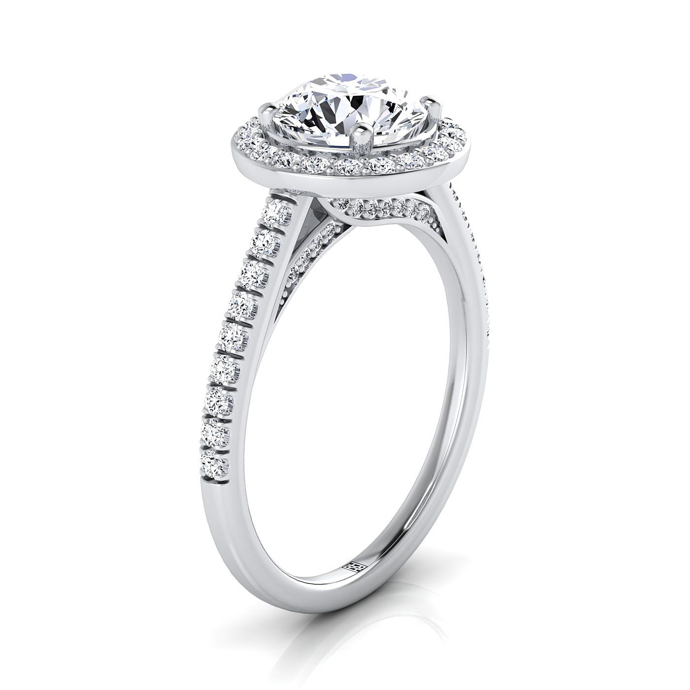 แหวนหมั้นเพชร 18K White Gold Round Brilliant Diamond French Pave Halo Secret Gallery Diamond Engagement Ring -3/8ctw