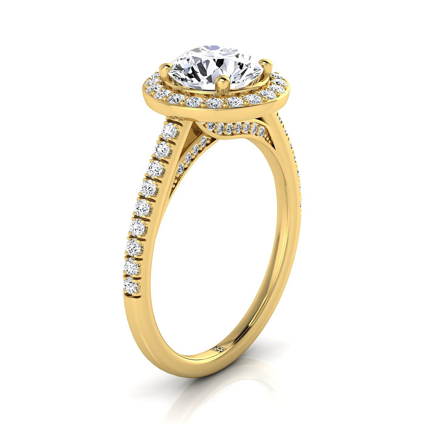 18K Yellow Gold Round Brilliant Diamond French Pave Halo Secret Gallery แหวนหมั้นเพชร -3/8ctw