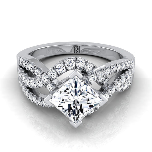 แหวนหมั้นเพชร 18K White Gold Princess Cut Diamond Bypass Twist French Pave Swirl Diamond -1/2ctw