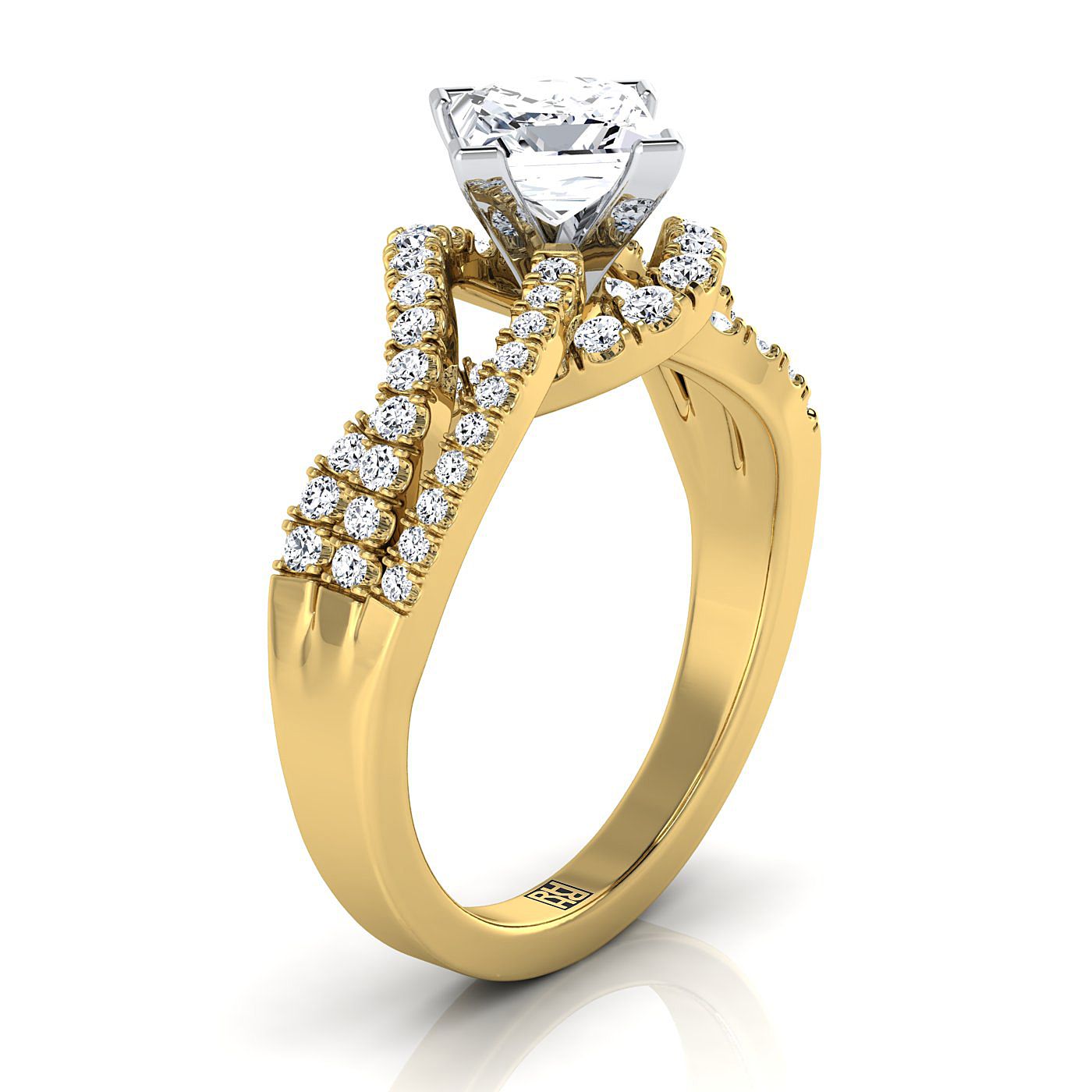 14K Yellow Gold Princess Cut Bypass Twist French Pave Swirl Diamond Engagement Ring -1/2ctw