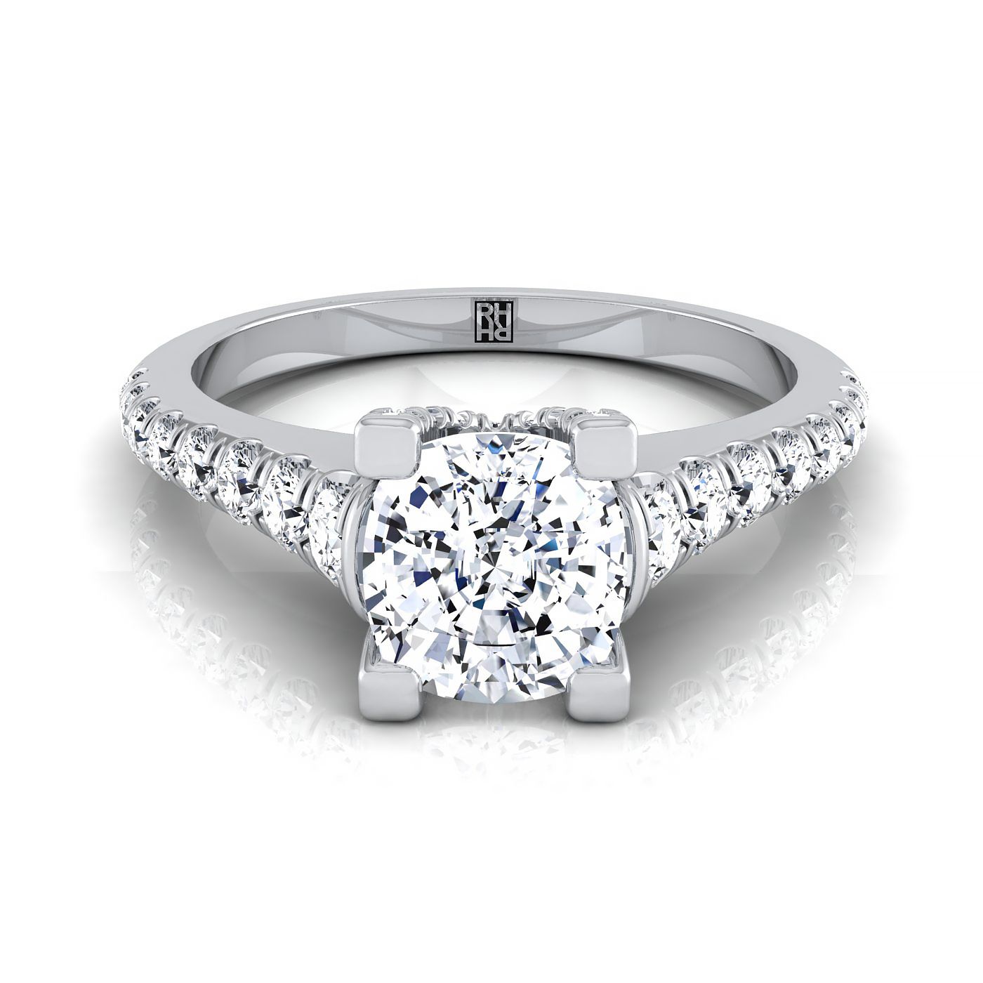 Platinum Cushion Diamond Pave Prong Linear Engagement Ring -1/2ctw