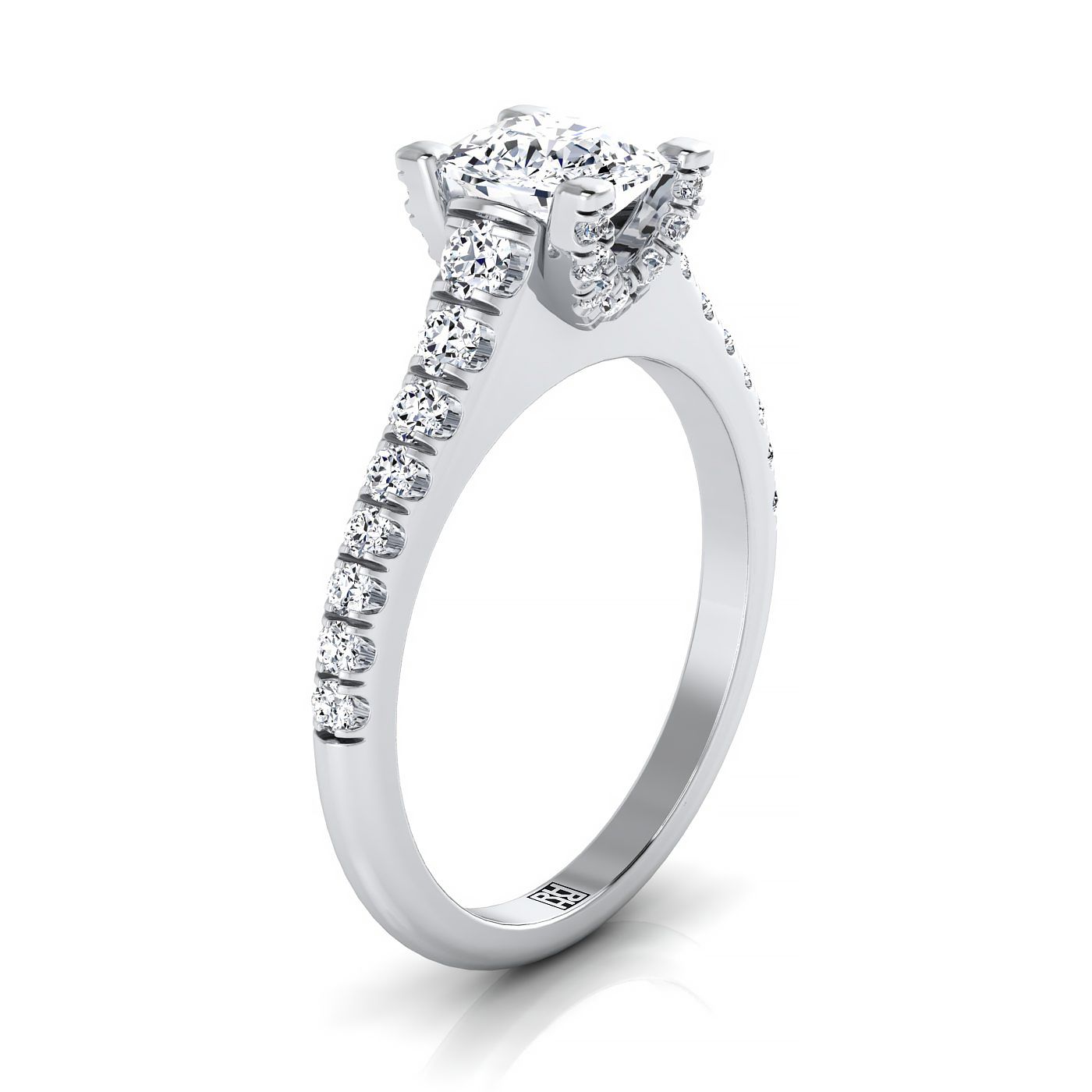 แหวนหมั้นเพชร 14K White Gold Cushion Diamond Pave Prong Linear -1/2ctw