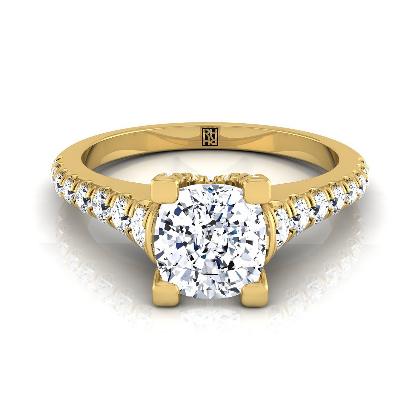 18K Yellow Gold Cushion Diamond Pave Prong Linear Engagement Ring -1/2ctw