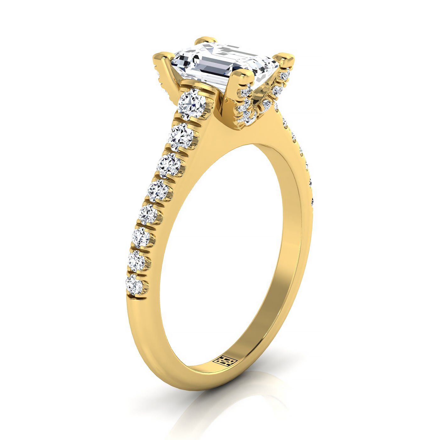 14K Yellow Gold Emerald Cut Diamond Pave Prong Linear Engagement Ring -1/2ctw