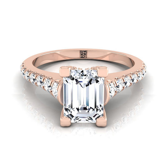 14K Rose Gold Emerald Cut Diamond Pave Prong Linear Engagement Ring -1/2ctw