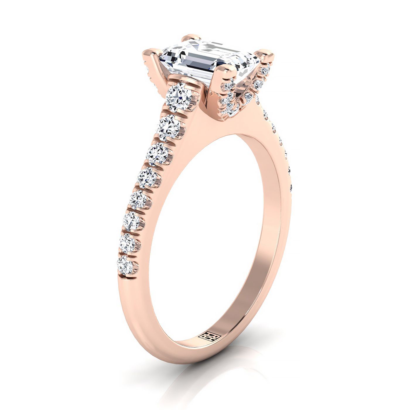 แหวนหมั้นเพชร 14K Rose Gold Emerald Cut Pave Prong -1/2ctw