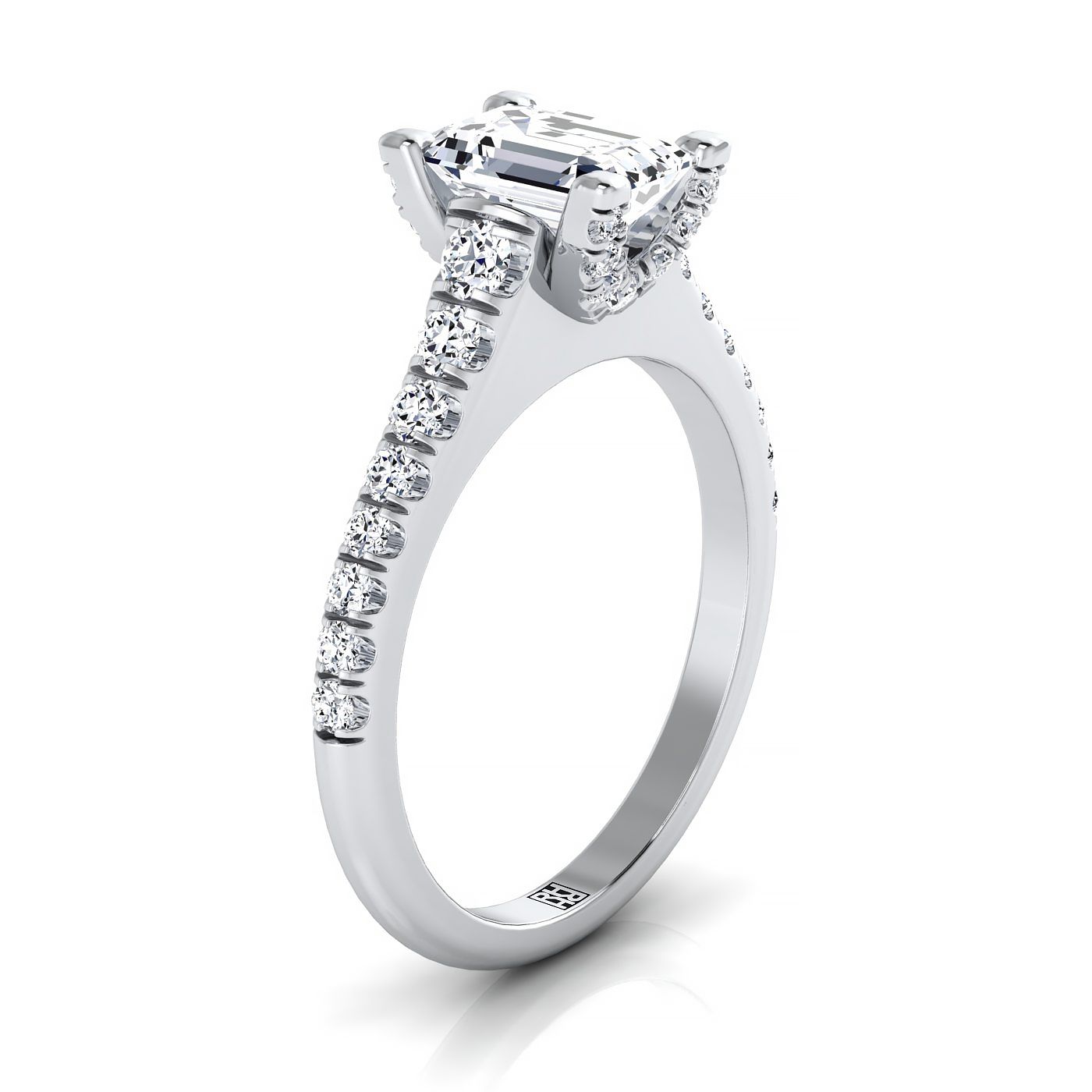 แหวนหมั้นเพชร 14K White Gold Emerald Cut Pave Prong -1/2ctw