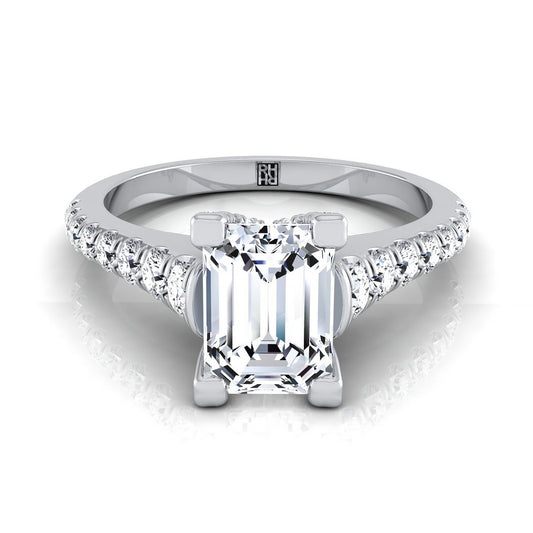 Platinum Emerald Cut Diamond Pave Prong Linear Engagement Ring -1/2ctw