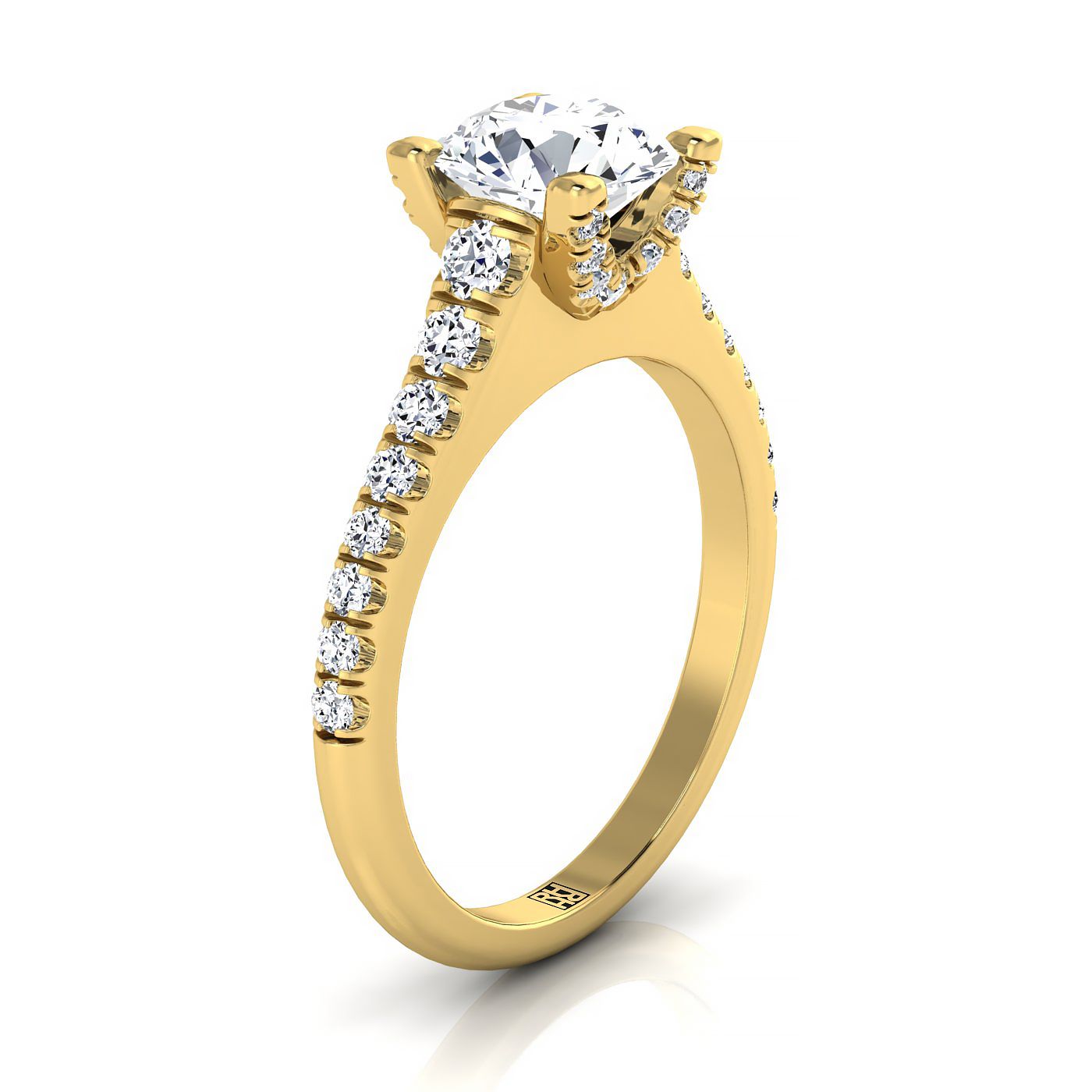 18K Yellow Gold Round Brilliant Diamond Pave Prong Linear Engagement Ring -1/2ctw