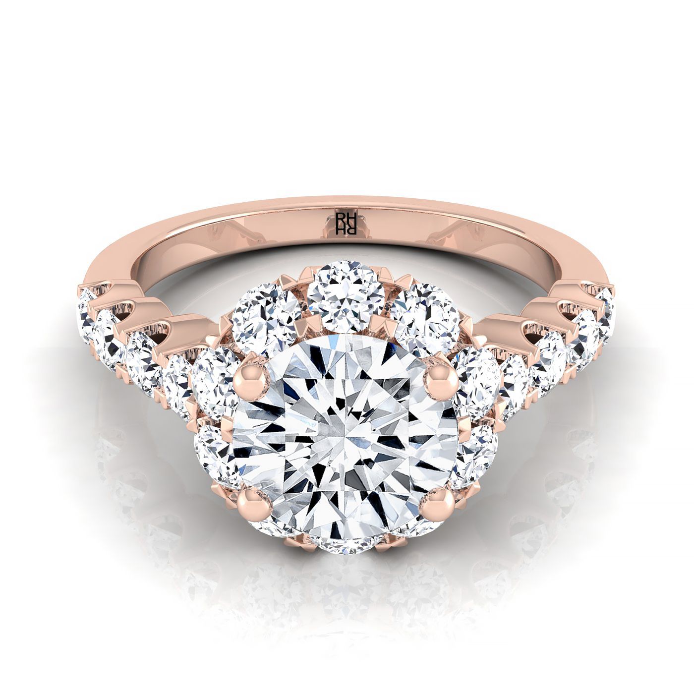 14K Rose Gold Round Brilliant Shared Prong Halo และ Linear Side Set แหวนหมั้นเพชร -7/8ctw