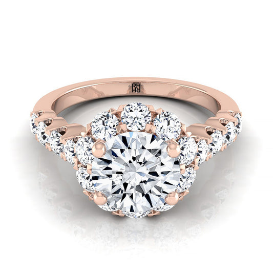 14K Rose Gold Round Brilliant Shared Prong Halo และ Linear Side Set แหวนหมั้นเพชร -7/8ctw