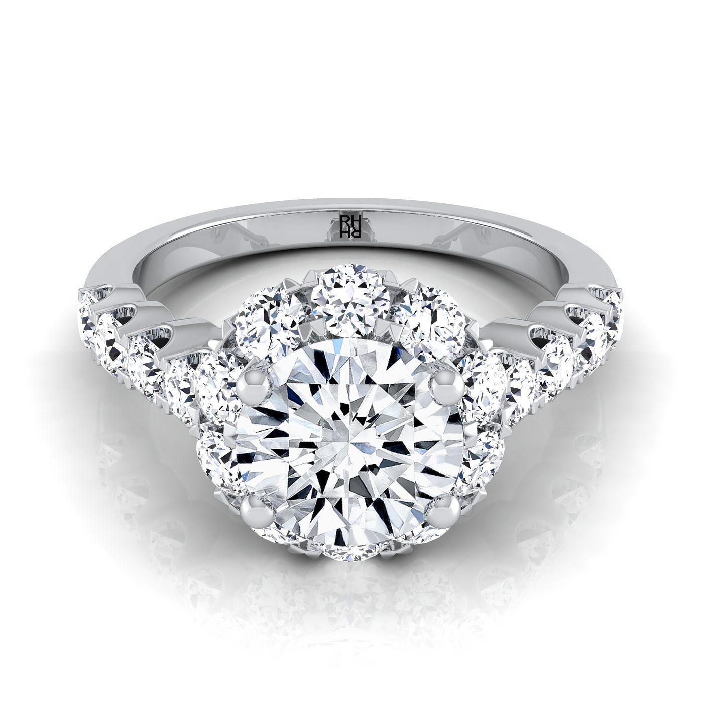 แหวนหมั้นเพชร 18K White Gold Round Brilliant Shared Prong Halo และ Linear Side Set Diamond Engagement Ring -7/8ctw