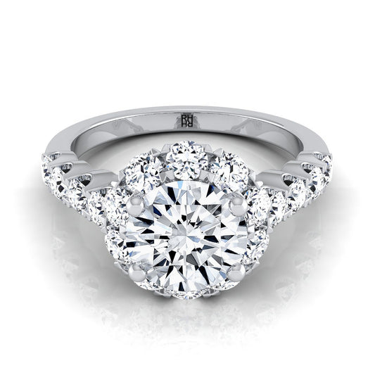 แหวนหมั้นเพชร 18K White Gold Round Brilliant Shared Prong Halo และ Linear Side Set Diamond Engagement Ring -7/8ctw