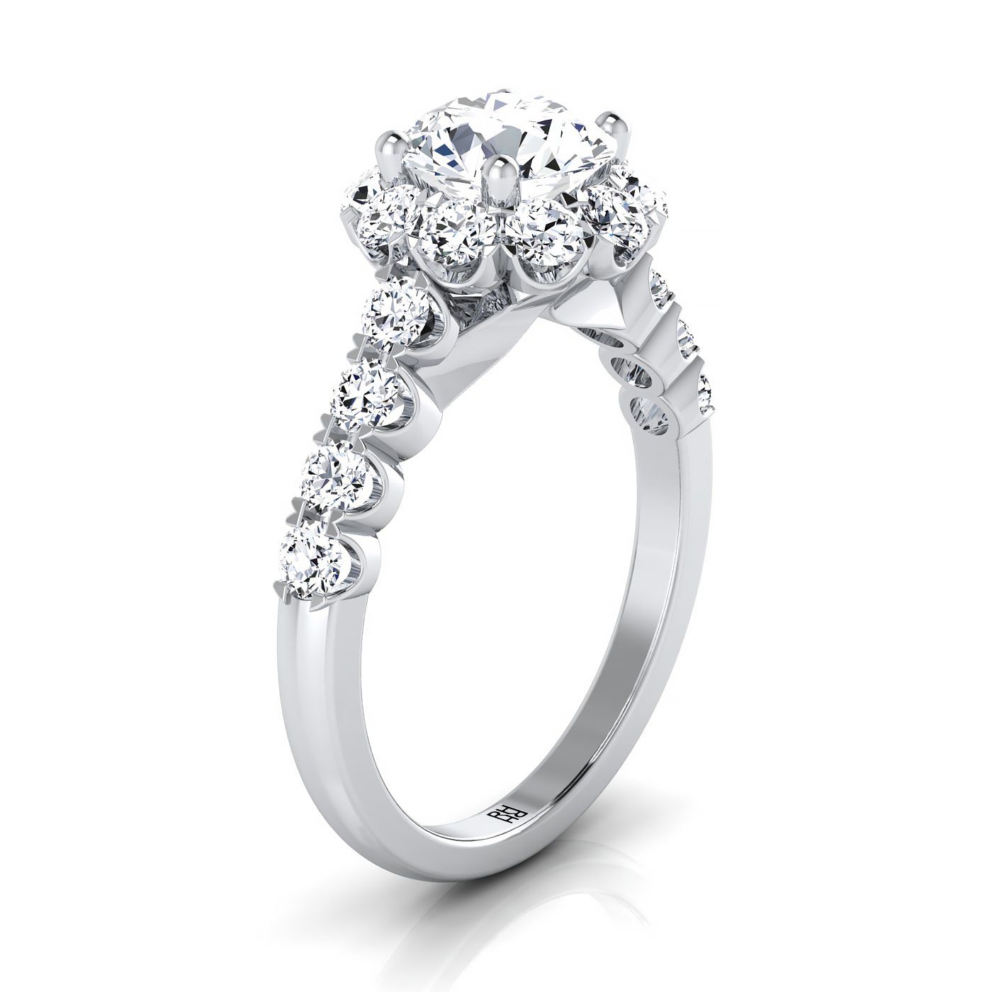 แหวนหมั้นเพชร 18K White Gold Round Brilliant Shared Prong Halo และ Linear Side Set Diamond Engagement Ring -7/8ctw