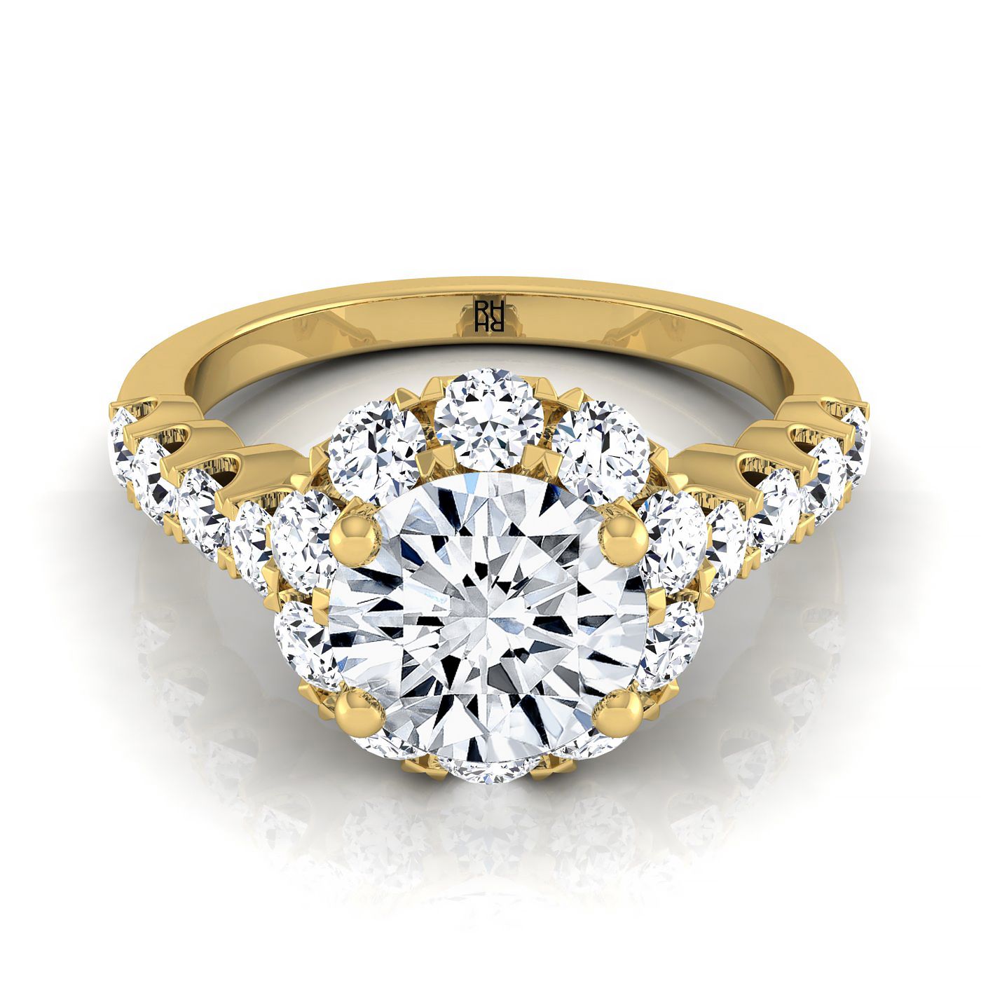 18K Yellow Gold Round Brilliant Shared Prong Halo and Linear Side Set Diamond Engagement Ring -7/8ctw