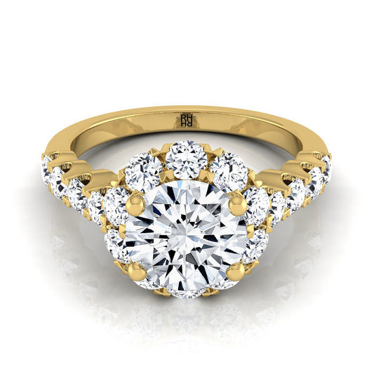 18K Yellow Gold Round Brilliant Shared Prong Halo และ Linear Side Set แหวนหมั้นเพชร -7/8ctw