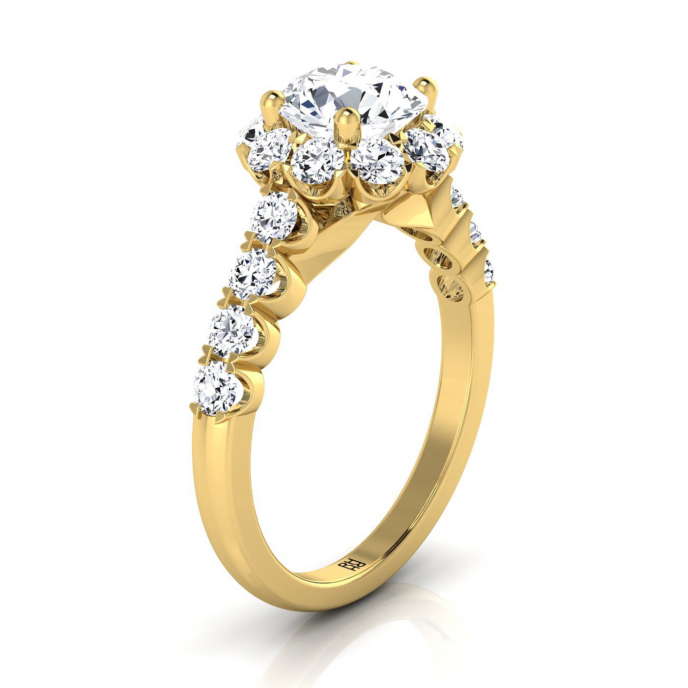 18K Yellow Gold Round Brilliant Shared Prong Halo and Linear Side Set Diamond Engagement Ring -7/8ctw