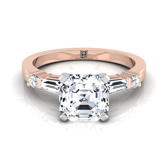 14K Rose Gold Asscher Cut Diamond Simple Baguette และแหวนหมั้น Solitaire แบบกลม -1/4ctw