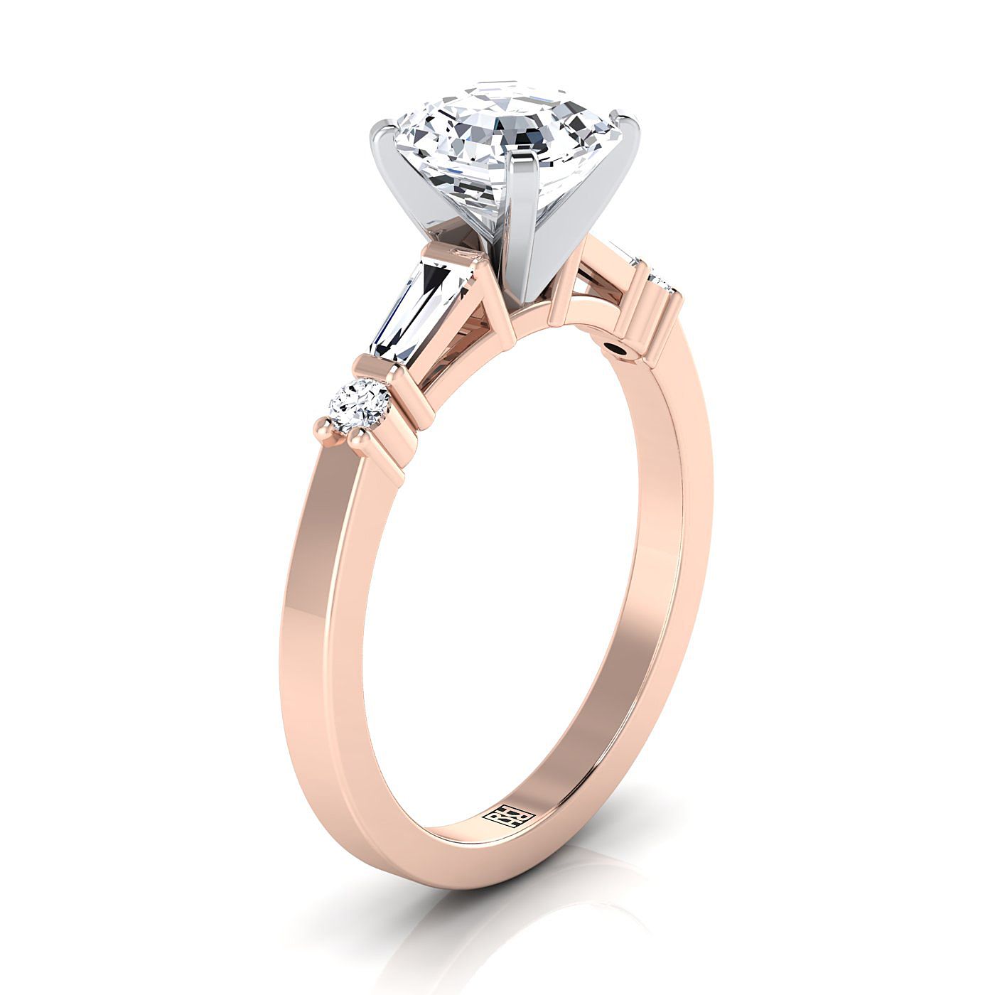 14K Rose Gold Asscher Cut Diamond Simple Baguette และแหวนหมั้น Solitaire แบบกลม -1/4ctw