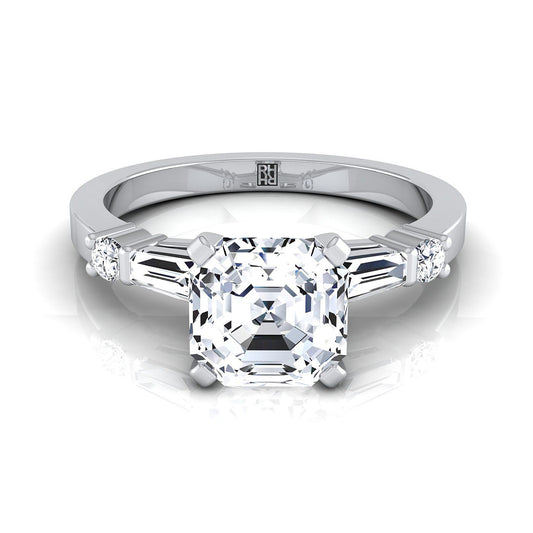 Platinum Asscher Cut Diamond Simple Baguette and Round Solitaire Engagement Ring -1/4ctw