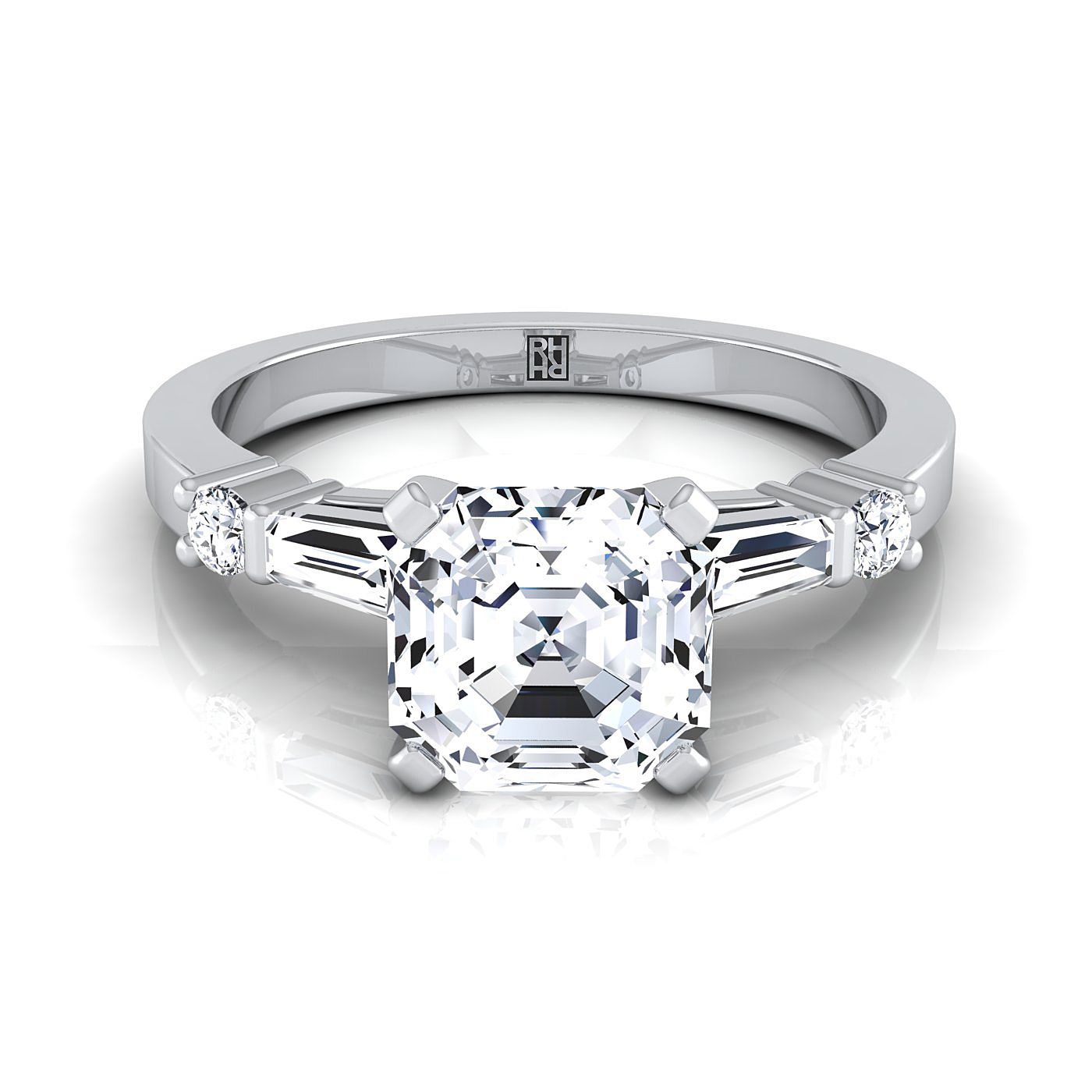 14K White Gold Asscher Cut Diamond Simple Baguette and Round Solitaire Engagement Ring -1/4ctw