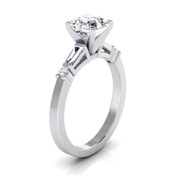 18K White Gold Asscher Cut Diamond Simple Baguette and Round Solitaire Engagement Ring -1/4ctw