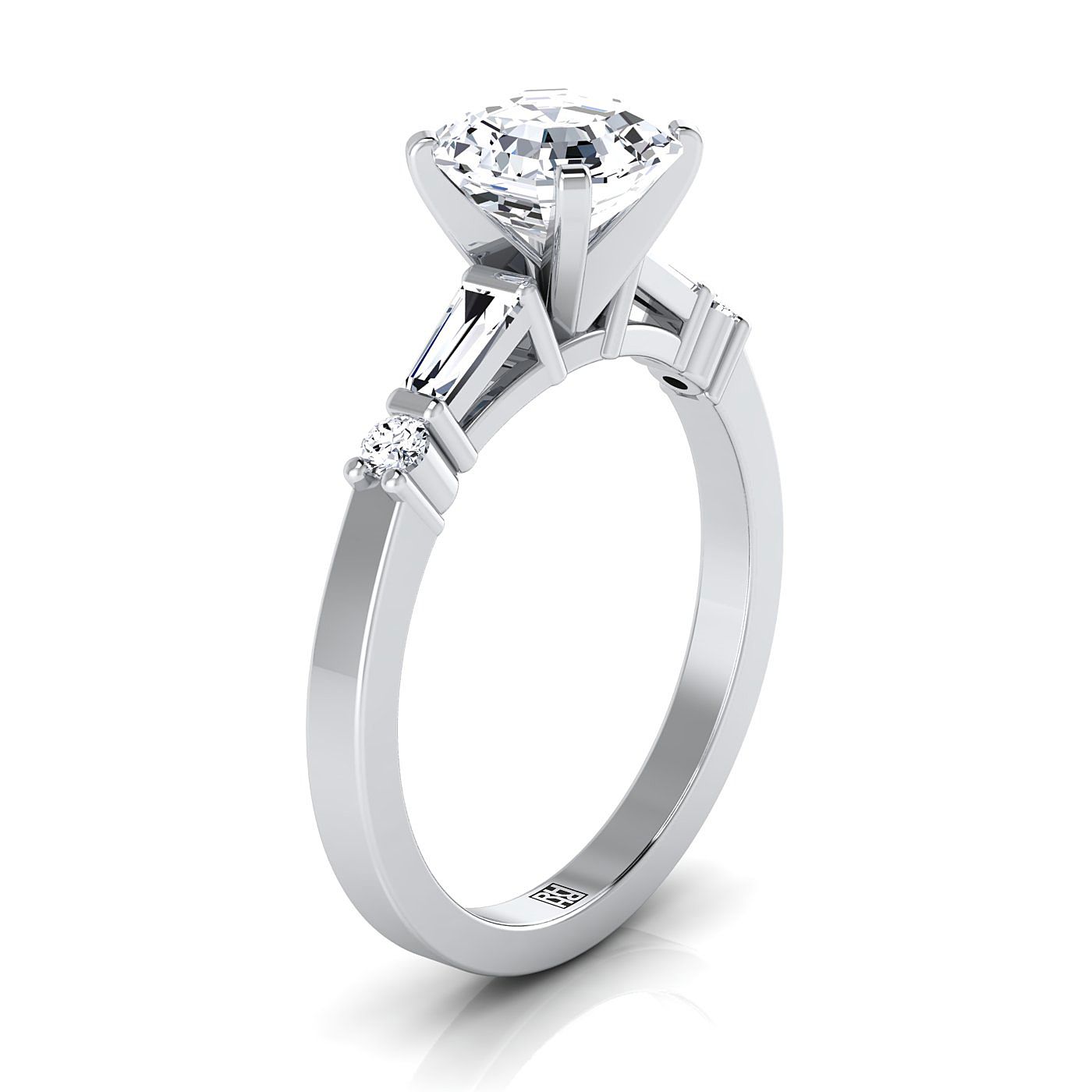 14K White Gold Asscher Cut Diamond Simple Baguette and Round Solitaire Engagement Ring -1/4ctw