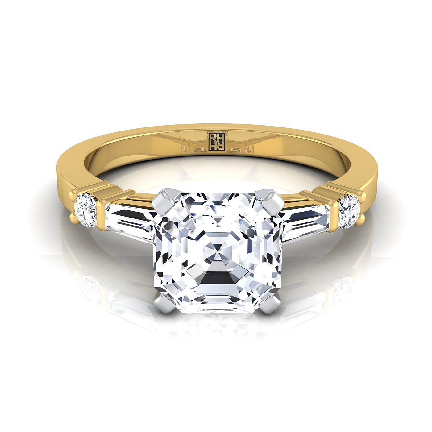 14K Yellow Gold Asscher Cut Diamond Simple Baguette และแหวนหมั้น Solitaire แบบกลม -1/4ctw