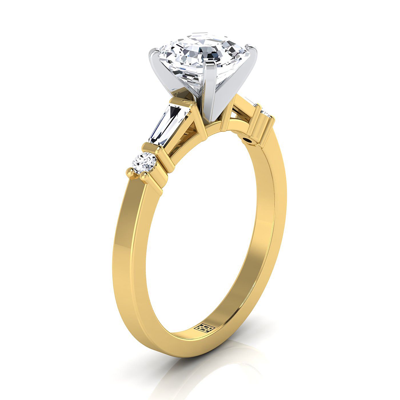 18K Yellow Gold Asscher Cut Diamond Simple Baguette and Round Solitaire Engagement Ring -1/4ctw