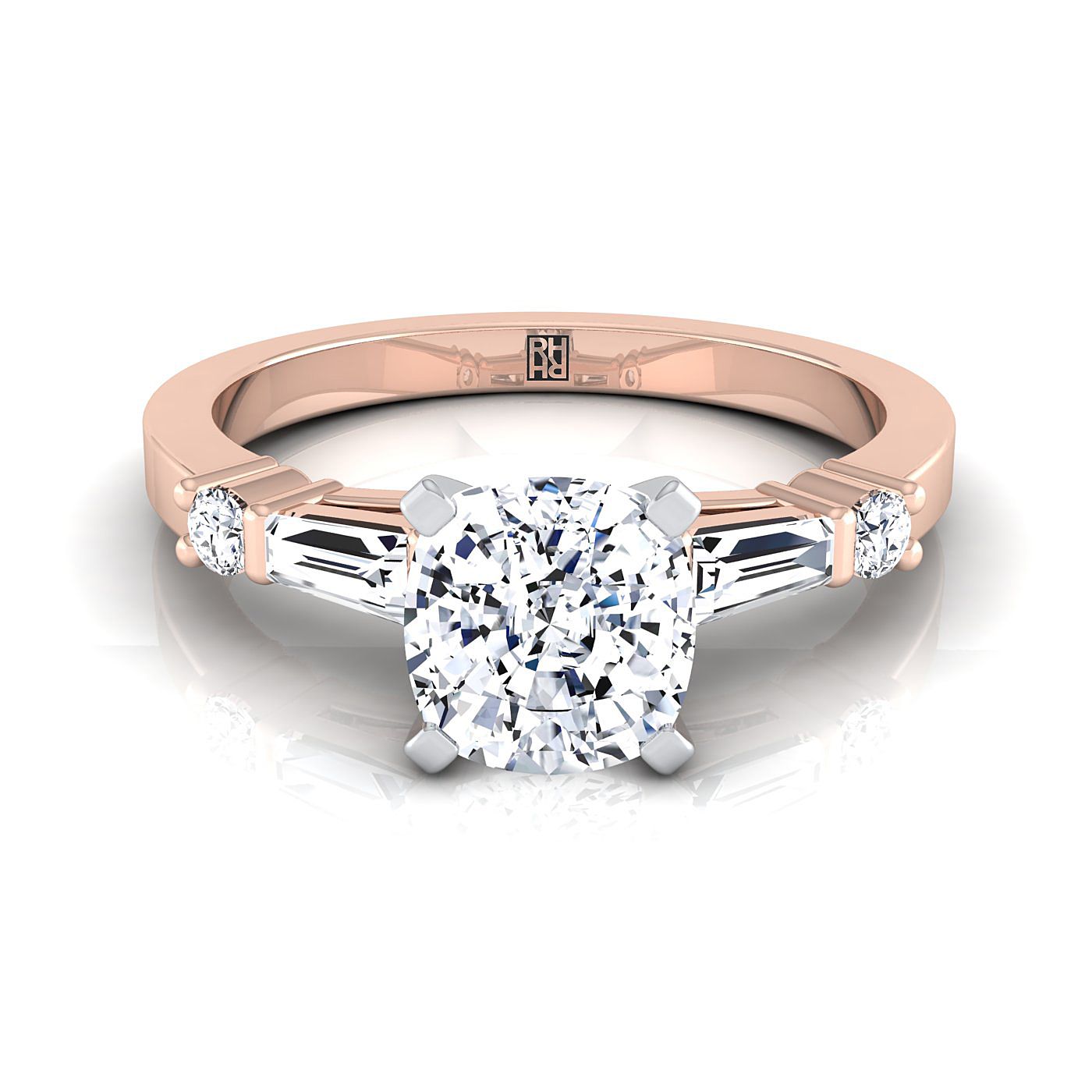 14K Rose Gold Cushion Diamond Simple Baguette และแหวนหมั้น Solitaire แบบกลม -1/4ctw