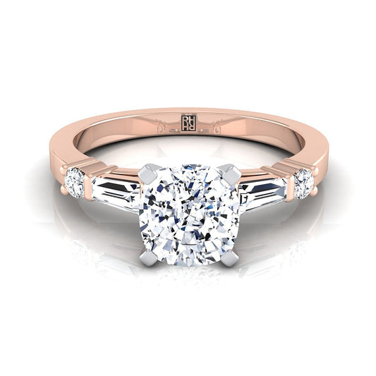 14K Rose Gold Cushion Diamond Simple Baguette and Round Solitaire Engagement Ring -1/4ctw