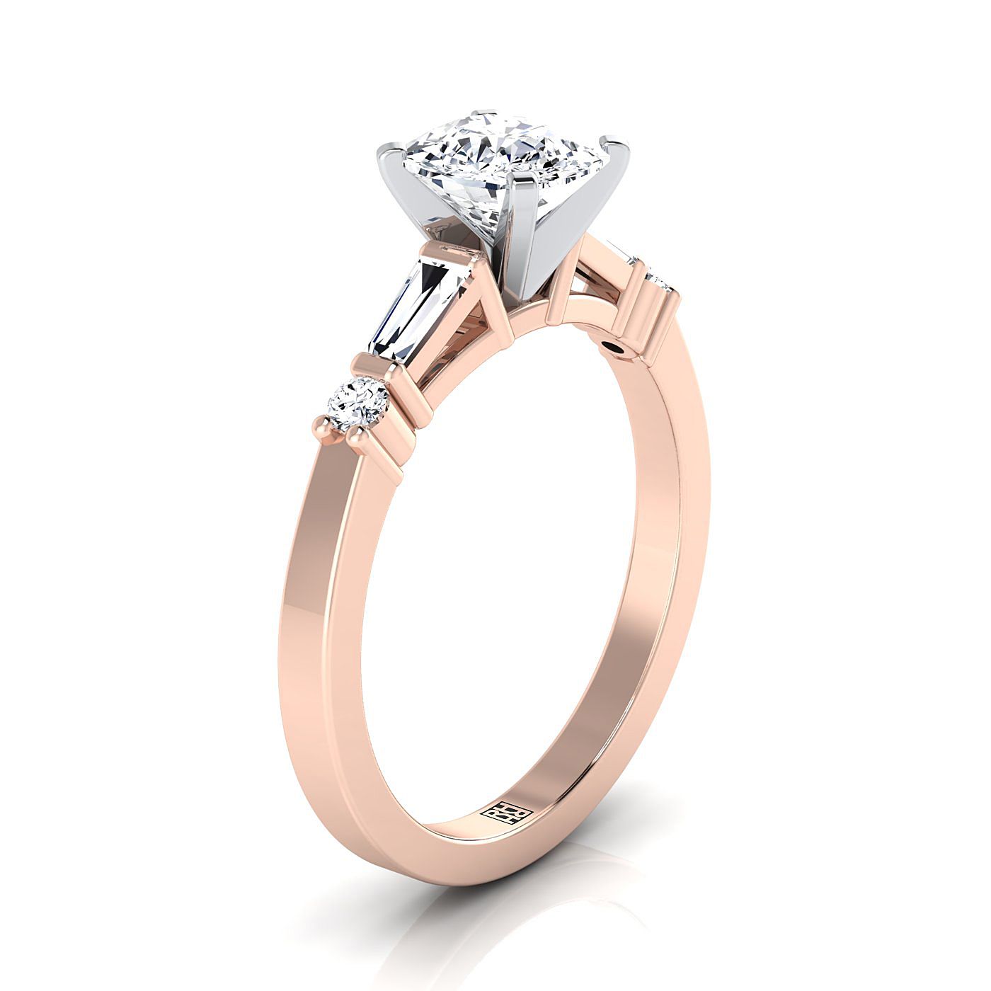 14K Rose Gold Cushion Diamond Simple Baguette และแหวนหมั้น Solitaire แบบกลม -1/4ctw